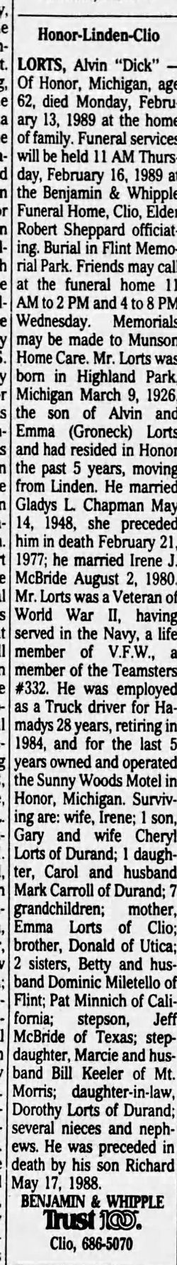 Sunny Woods Resort (Lances Sunny Woods Motel) - Feb 1989 Former Operator Passes Away